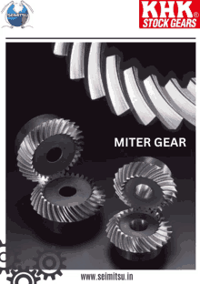 an advertisement for khk stock gears shows a variety of gears on a black background