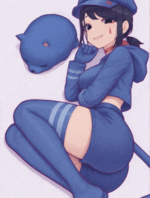 a drawing of a girl in a blue outfit and hat