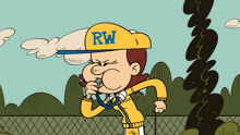 a cartoon character wearing a yellow hat that says rw