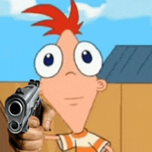 perry the platypus from phineas and ferb is pointing a gun at someone .