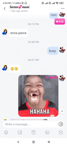 a screenshot of a conversation between a man and a woman with a picture of a man making a funny face