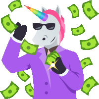 an illustration of a unicorn in a purple suit holding a bunch of money