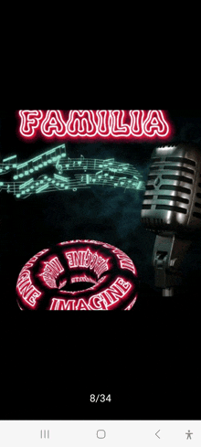 a poster for familia imagine with a microphone