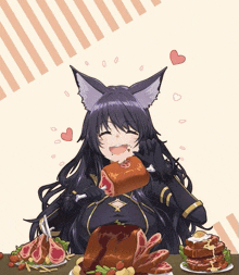 a girl with a cat ear is eating a piece of meat