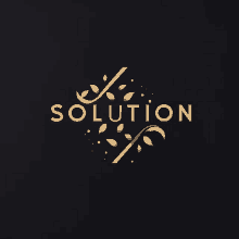 a gold and black logo for solution with leaves