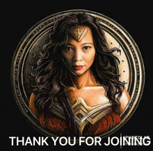 a painting of wonder woman with the words thank you for joining below her