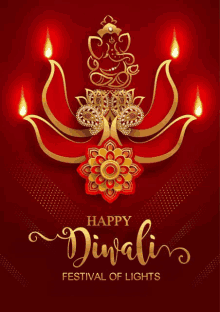 a happy diwali festival of lights greeting card with a lotus and candles