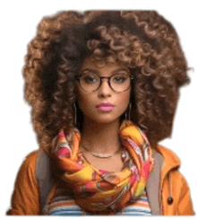 a woman with curly hair and glasses is wearing a scarf and a jacket .