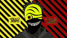 a drawing of a person with a yellow mask and the word trash on the bottom