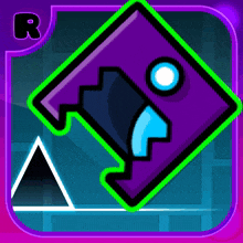 a purple and green geometric icon with the letter r in the corner