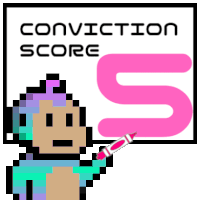 a pixel art monkey pointing at a sign that says " conviction score "