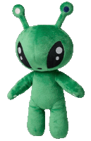 a green alien stuffed animal with big eyes and antennas