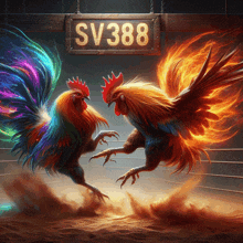 two roosters are fighting in a boxing ring under a sign that says sv388