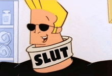 a cartoon character wearing sunglasses and a collar that says slut on it