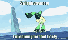 a cartoon character is doing a handstand and says " swiggity swooty i 'm coming for that booty "