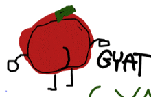 a drawing of a red apple with a green stem and the word gyat written below it