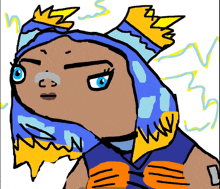 a drawing of a person with blue and yellow hair and a crown on their head