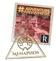 a stamp with a picture of a city and the words adventure anywhere on it