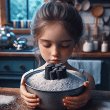 a young girl holds a bowl of salt with a piece of charcoal in it