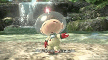 a cartoon character in a space suit is standing in front of a waterfall in a video game .