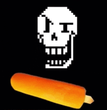 a pixel art of a skull and a carrot on a stick