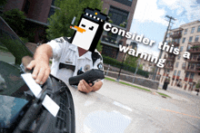 a police officer with a pixelated penguin on his head is holding a ticket