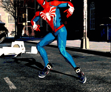 a person in a blue and red spiderman suit is running down a street