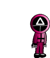 a cartoon drawing of a person wearing a pink suit with a triangle on it