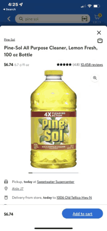 a bottle of pine-sol all purpose cleaner lemon fresh 100 oz