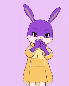 a purple rabbit wearing a yellow jacket is covering her mouth with her hands