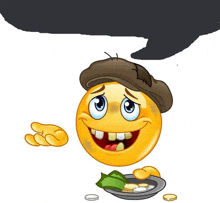 a smiley face wearing a hat and holding a plate of money .