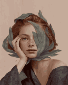 a painting of a woman with leaves on her face covering her face .