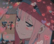 a girl with pink hair and blue eyes is surrounded by pink hearts and hearts .