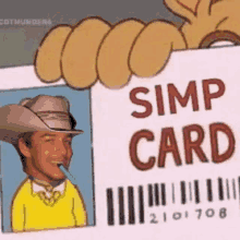 a simp card that has a picture of a man in a cowboy hat