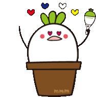 a cartoon drawing of a cactus in a pot with hearts around it