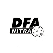 the logo for dfa nitro is a black and white logo with a frisbee .