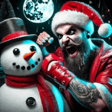 a man in a santa hat is punching a snowman