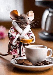 a mouse wearing a bathrobe is holding a cup of coffee