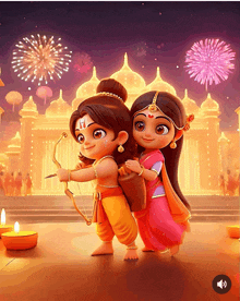 a cartoon drawing of a boy and a girl standing in front of a fireworks display