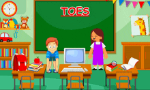 a boy and a girl are standing in front of a computer in a classroom with the word toes above them