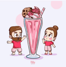 a man and a woman are standing next to a milkshake that says pibu bear on it