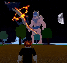 a person in a video game stands in front of a giant monster with a sword