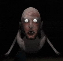 a 3d rendering of a scary monster with white eyes and sharp teeth in the dark .