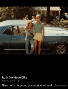 a picture of a man and woman standing next to a car with the name ruth davidson dike on the bottom