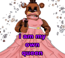 a teddy bear in a pink dress is holding a microphone and says i am my own queen