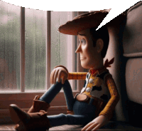 woody from toy story is sitting on a window sill