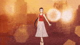 a woman in a red top and white skirt is standing in front of a city skyline