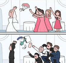 a bride and her bridesmaids are throwing a bouquet of flowers at a groom .