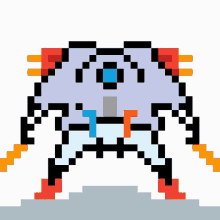 a pixel art drawing of a robot with a blue head and red arms .