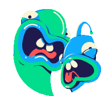 a cartoon drawing of a green monster and a blue monster with their mouths open